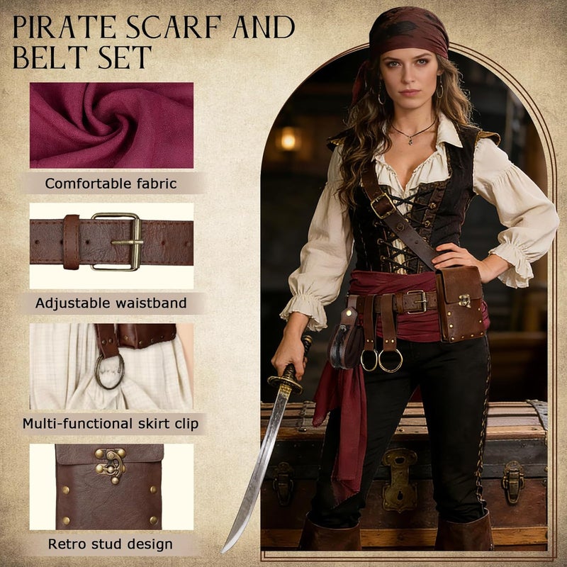 bcehyaa Store Renaissance Belt Pouch Medieval Viking Pirate Leather Bag Potion Bottle Set Skirt Hike Halloween Cosplay Costume Accessorie (Pirate Belt-Brown, Belt Pouch) - Image 3